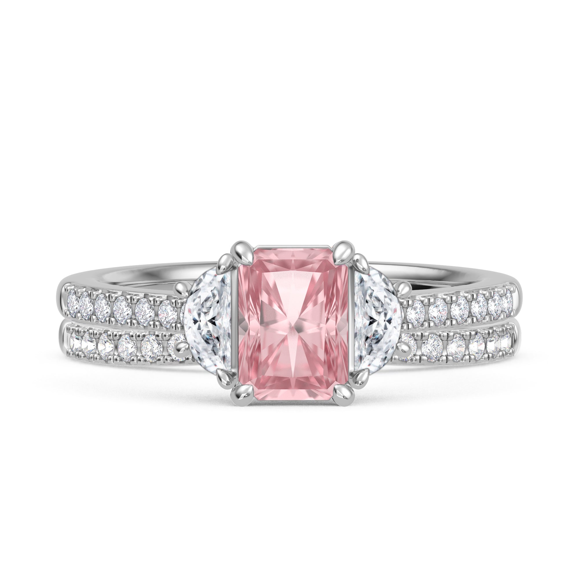 My Trio Rings Aurel 1-3/4 CTW Lab Grown Radiant Solitaire Pink Diamond Bridal Set in 10KT White Gold