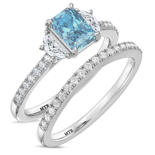 My Trio Rings Aurel 1-3/4 CTW Lab Grown Radiant Solitaire Blue Diamond Bridal Set in 10KT White Gold