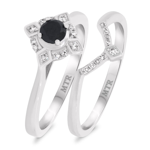 My Trio Rings Rehana 3/8 CTW Black Diamond (Treated) Round Solitaire Bridal Set in 10KT White Gold