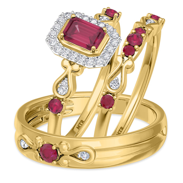 My Trio Rings Garland 1-1/10 CTW Ruby and Diamond Trio Matching Wedding Ring Set 10KT Yellow Gold
