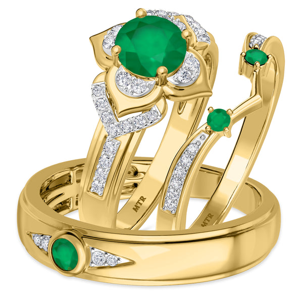 My Trio Rings Clema 1-1/2 CTW Emerald and Diamond Trio Matching Wedding Ring Set 10KT Yellow Gold