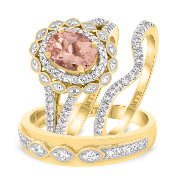 My Trio Rings Coral 1-3/4 CTW Morganite and Diamond Trio Matching Wedding Ring Set 10KT Yellow Gold