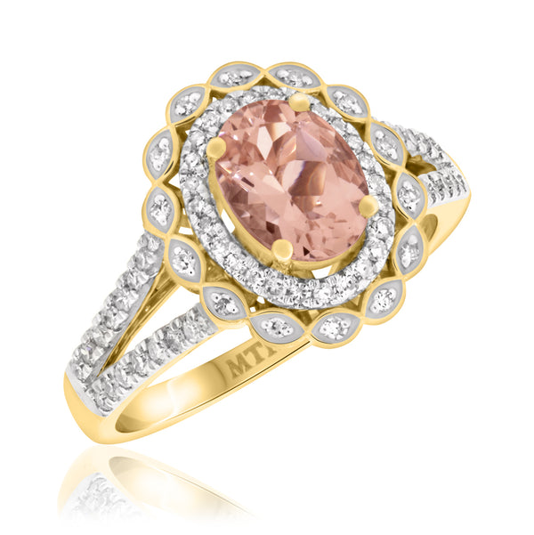 My Trio Rings Coral 1-3/4 CTW Morganite and Diamond Trio Matching Wedding Ring Set 10KT Yellow Gold