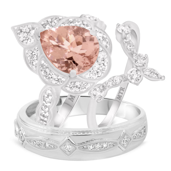 My Trio Rings Petal 2-3/4 CTW Morganite and Diamond Trio Matching Wedding Ring Set 10KT White Gold