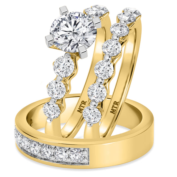 My Trio Rings Oxley 2-5/8 CTW Lab Grown Diamond Round Solitaire Wedding Trio Set in 14KT Yellow Gold Vermeil