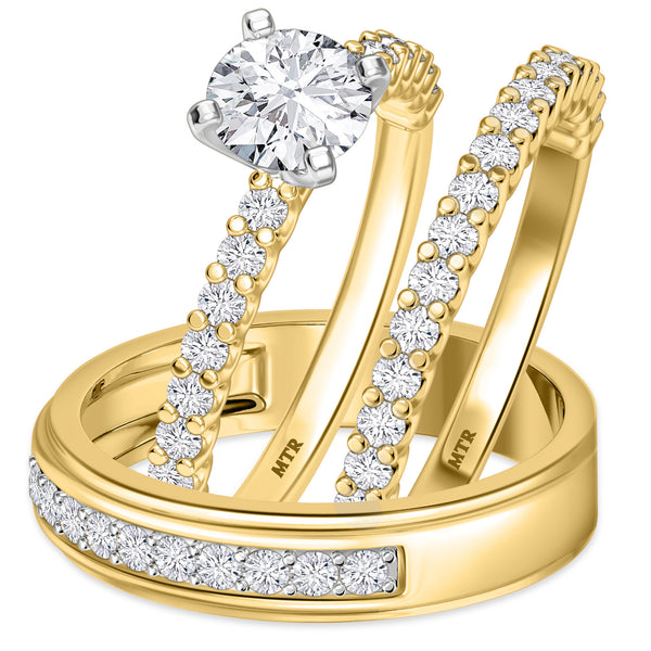 My Trio Rings Prudence 1-1/2 CTW Lab Grown Diamond Round Solitaire Wedding Trio Set in 14KT Yellow Gold Vermeil