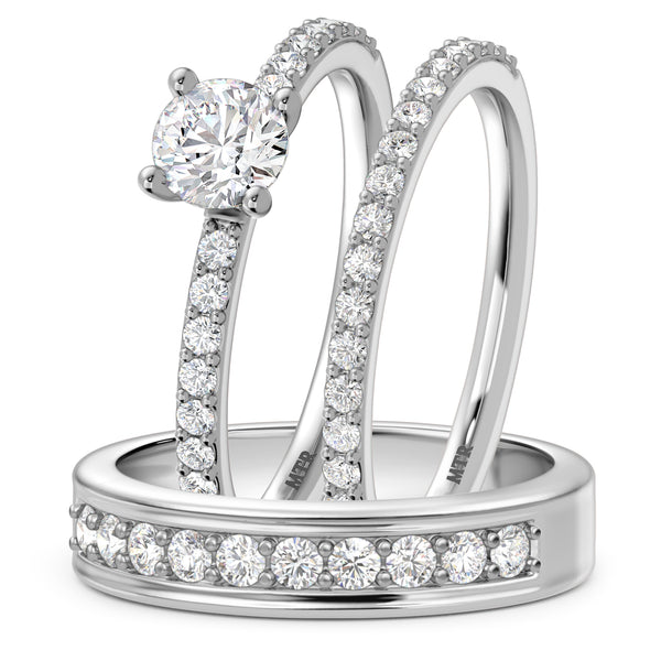 My Trio Rings Keanu 1-1/2 CTW Lab Grown Diamond Round Solitaire Wedding Trio Set in 14KT White Gold Vermeil