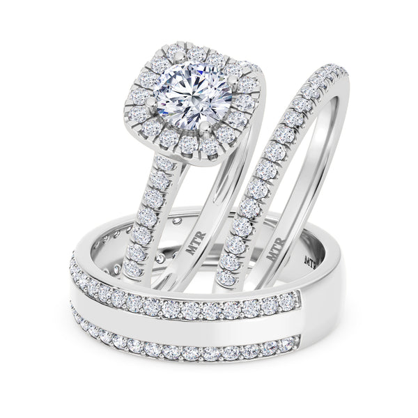 My Trio Rings Nikau 1-7/8 CTW Lab Grown Diamond Round Solitaire Wedding Trio Set in 14KT White Gold Vermeil