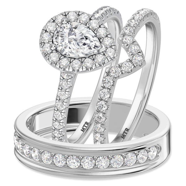 My Trio Rings Adeola 1-2/3 CTW Lab Grown Diamond Pear Solitaire Wedding Trio Set in 14KT White Gold Vermeil
