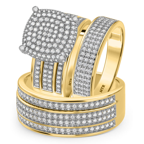 My Trio Rings Jia 1-1/4 CTW Lab Grown Diamond Cushion Cluster Wedding Trio Set in 14KT Yellow Gold Vermeil