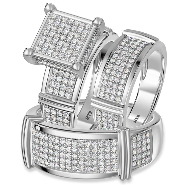 My Trio Rings Amity 1-1/4 CTW Lab Grown Diamond Princess Cluster Wedding Trio Set in 14KT White Gold Vermeil