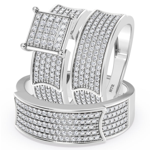 My Trio Rings Berthold 1 CTW Lab Grown Diamond Princess Cluster Wedding Trio Set in 14KT White Gold Vermeil