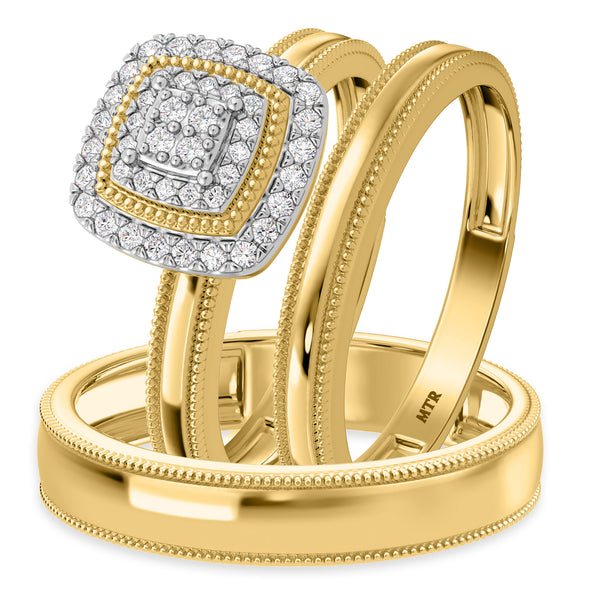 My Trio Rings Hansel 1/7 CTW Lab Grown Diamond Cushion Cluster Wedding Trio Set in 14KT Yellow Gold Vermeil