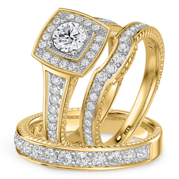 My Trio Rings Kadia 2-1/4 CTW Lab Grown Diamond Round Solitaire Wedding Trio Set in 14KT Yellow Gold Vermeil