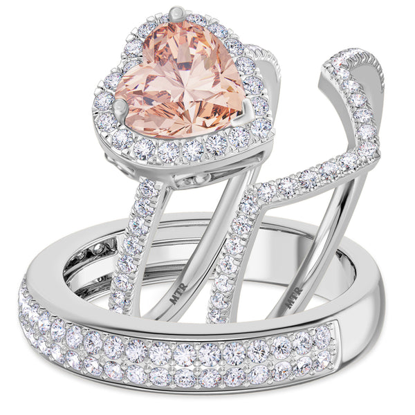 My Trio Rings Amber 3-1/5 CTW Morganite and Diamond Trio Matching Wedding Ring Set 10KT White Gold