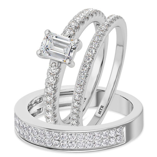 My Trio Rings Zaila 2-1/2 CTW Lab Grown Diamond Emerald Solitaire Wedding Trio Set in 14KT White Gold Vermeil
