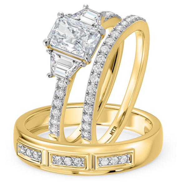 My Trio Rings Alwin 1-7/8 CTW Lab Grown Diamond Radiant Solitaire Wedding Trio Set in 14KT Yellow Gold Vermeil