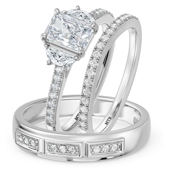 My Trio Rings Aurel 1-7/8 CTW Lab Grown Diamond Radiant Solitaire Wedding Trio Set in 14KT White Gold Vermeil