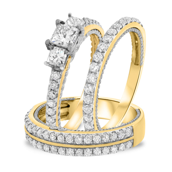 My Trio Rings Palmer 1-7/8 CTW Lab Grown Diamond Princess Solitaire Wedding Trio Set in 14KT Yellow Gold Vermeil