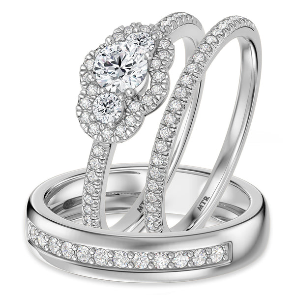 My Trio Rings Harlowe 1 CTW Lab Grown Diamond Round Solitaire Wedding Trio Set in 14KT White Gold Vermeil
