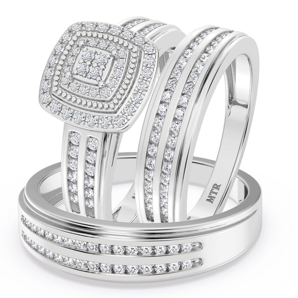 My Trio Rings Ortwin 1/2 CTW Lab Grown Diamond Cushion Cluster Wedding Trio Set in 14KT White Gold Vermeil
