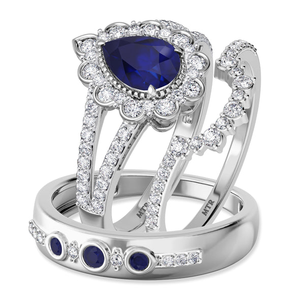 My Trio Rings Kana 2-1/3 Carat T.W. Sapphire and Diamond Trio Matching Wedding Ring Set 10KT White Gold