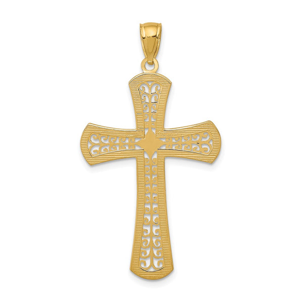 14KT Yellow Gold 42X23MM Diamond-cut Filigree Cross Pendant. Chain Not Included