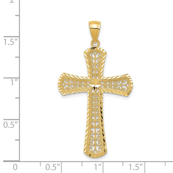 14KT Yellow Gold 42X23MM Diamond-cut Filigree Cross Pendant. Chain Not Included