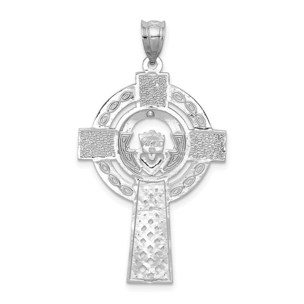 14KT White Gold 40X22MM Claddagh Cross Pendant. Chain Not Included
