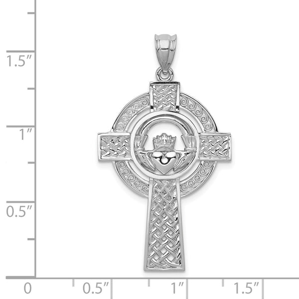 14KT White Gold 40X22MM Claddagh Cross Pendant. Chain Not Included