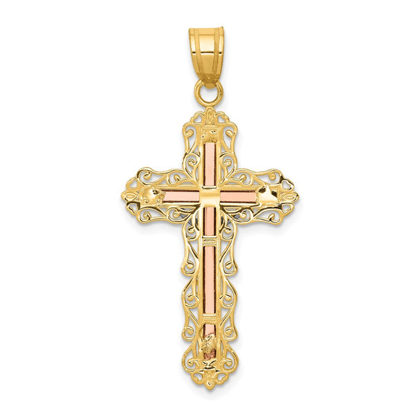 14KT Gold Tri-Color 43X21MM Diamond-cut Crucifix Cross Pendant. Chain Not Included