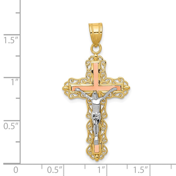 14KT Gold Tri-Color 43X21MM Diamond-cut Crucifix Cross Pendant. Chain Not Included