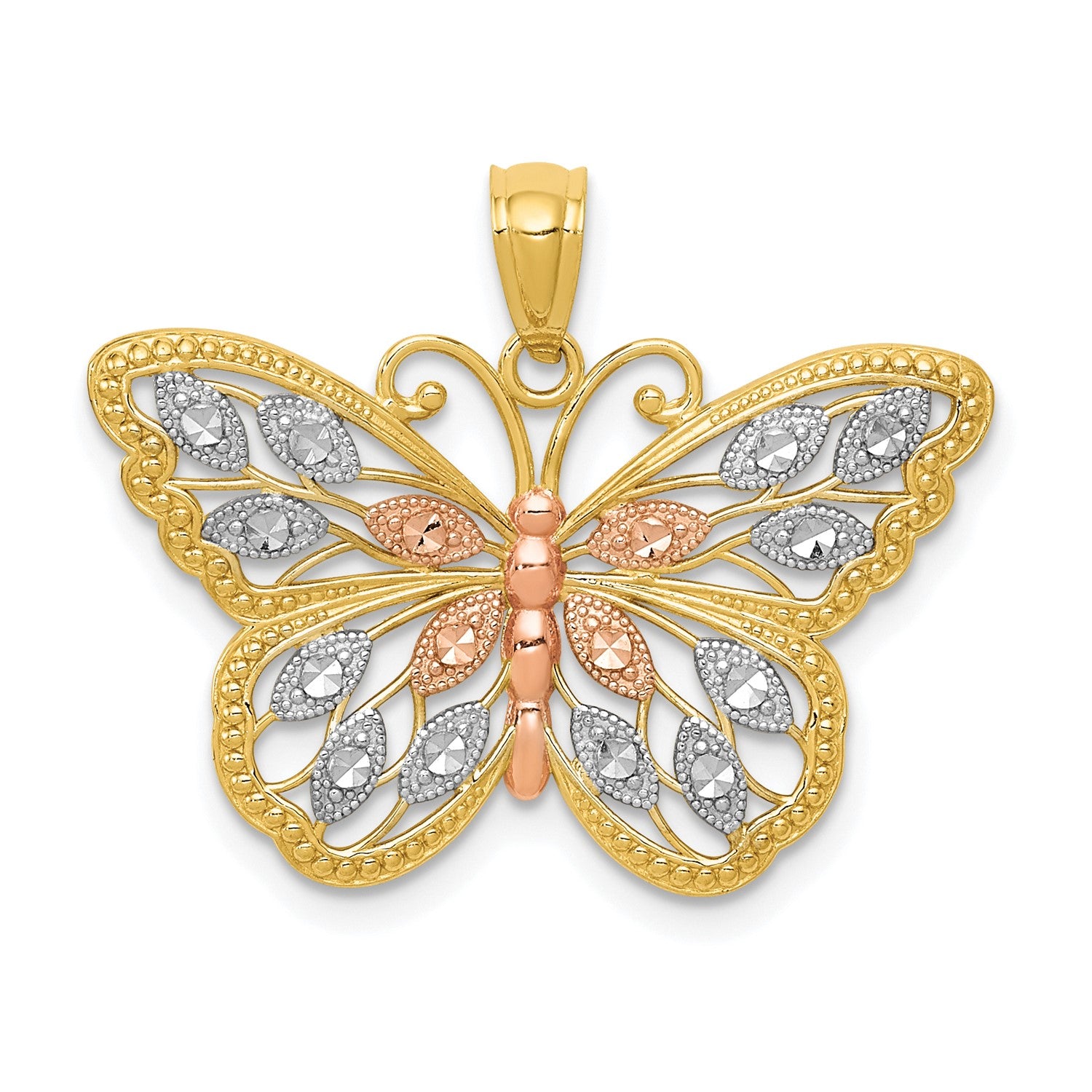 14KT Yellow Gold With Rhodium Plating 16X26MM Diamond-cut Butterfly Pendant-Chain Not Included