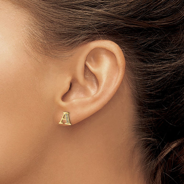 1/25 CTW Natural Diamond Stud Initial Earrings in 14KT Yellow Gold. Initial A