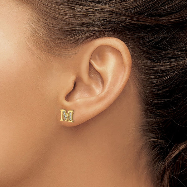 1/14 CTW Diamond Stud Initial Earrings in 14KT Yellow Gold. Initial M