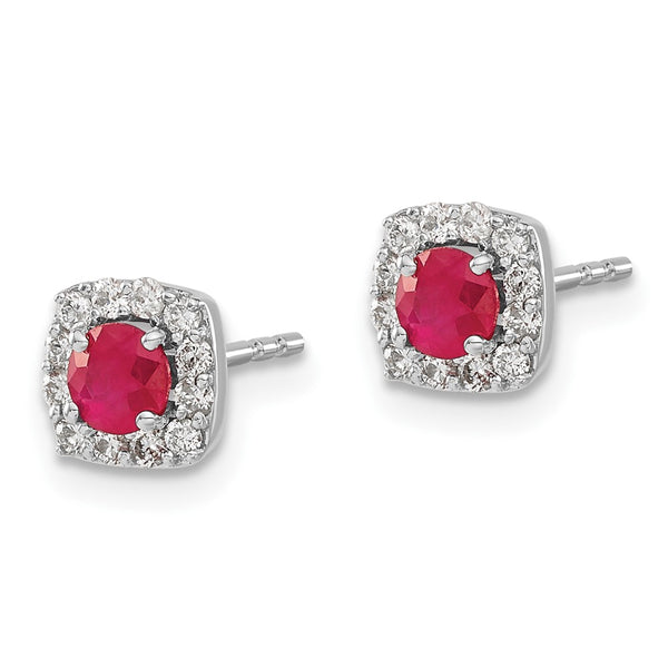 14KT White Gold Ruby and Natural Diamond Halo Cushion Shaped Earrings