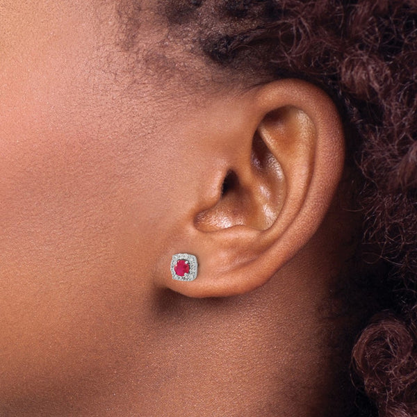 14KT White Gold Ruby and Natural Diamond Halo Cushion Shaped Earrings