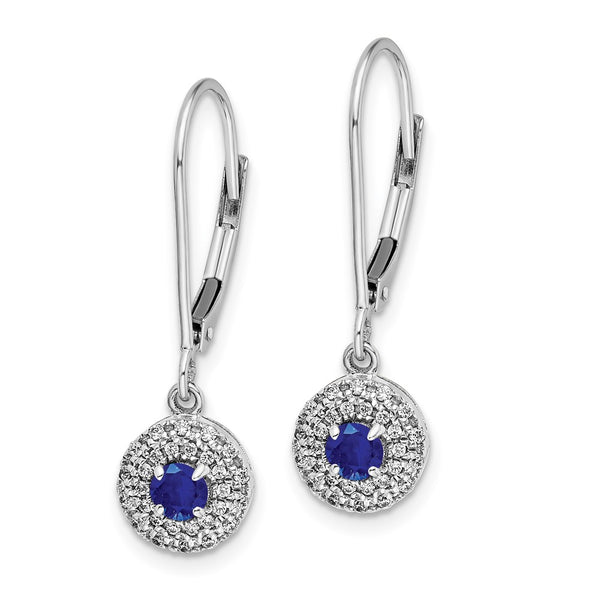 Round Sapphire and Natural Diamond Halo Leverback Earrings in 14KT White Gold
