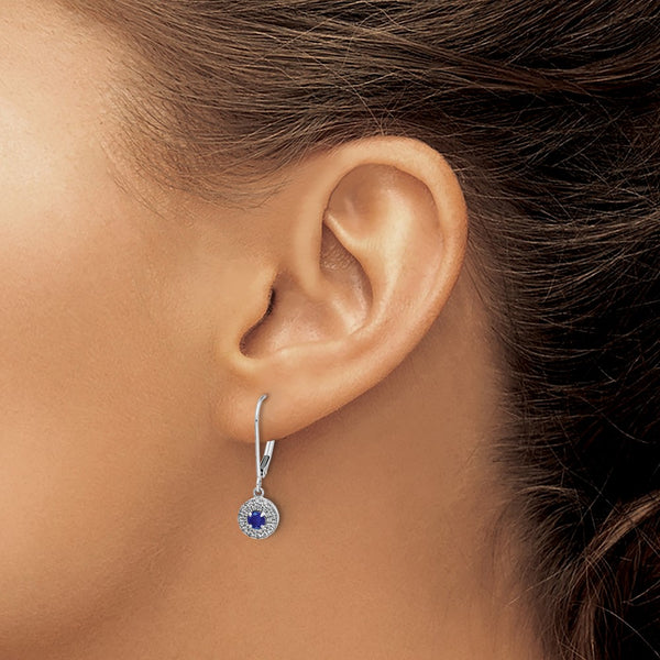 Round Sapphire and Natural Diamond Halo Leverback Earrings in 14KT White Gold