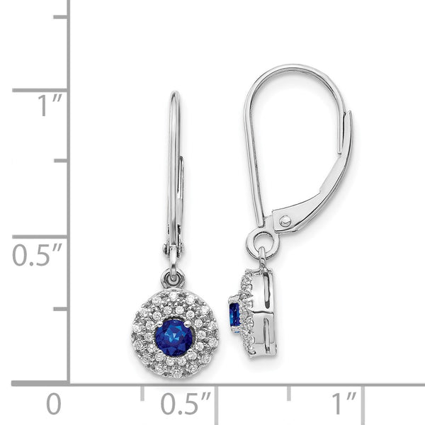 Round Sapphire and Natural Diamond Halo Leverback Earrings in 14KT White Gold