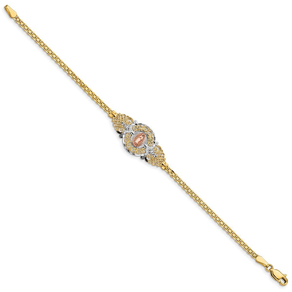14KT Yellow Gold With Rhodium Plating 7-inch Religious Guadalupe Bracelet