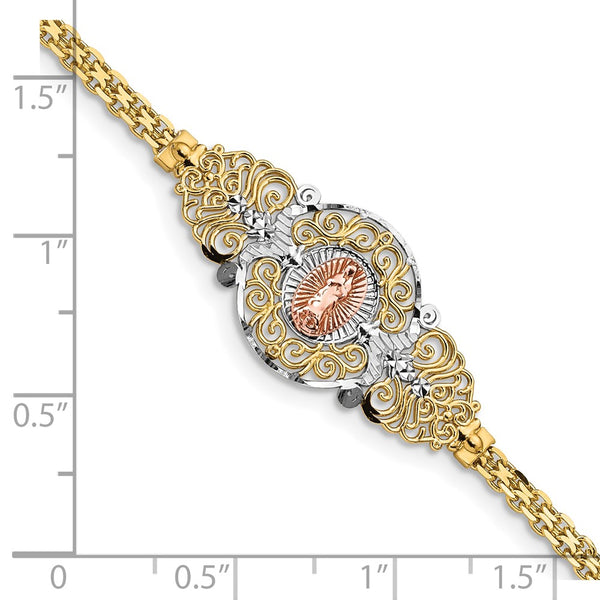 14KT Yellow Gold With Rhodium Plating 7-inch Religious Guadalupe Bracelet