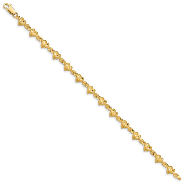 14KT Yellow Gold 7-inch 6MM Fancy Diamond-cut Heart Arrow Bracelet