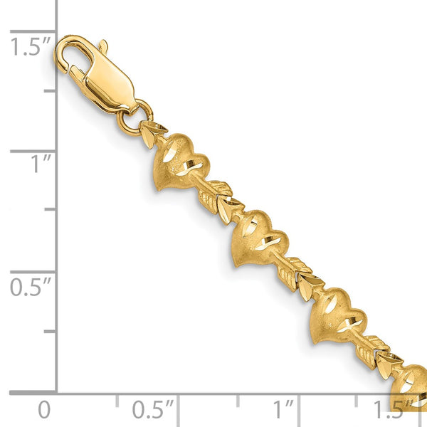 14KT Yellow Gold 7-inch 6MM Fancy Diamond-cut Heart Arrow Bracelet