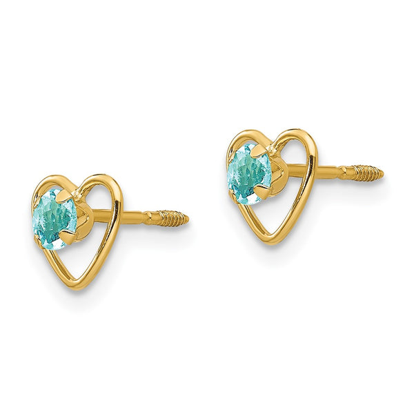 14KT Yellow Gold 3MM Round Aquamarine 6MM Heart Childrens Birthstone Earrings