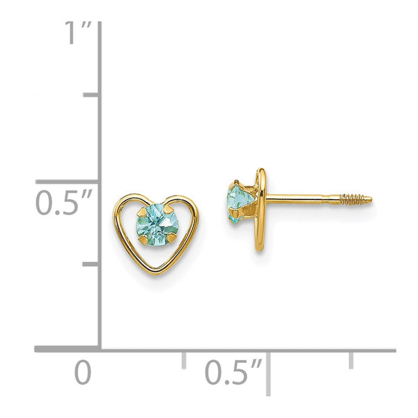 14KT Yellow Gold 3MM Round Aquamarine 6MM Heart Childrens Birthstone Earrings