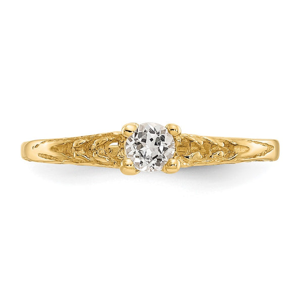 14KT Yellow Gold 3MM Round White Topaz Birthstone Baby Ring. Size 3