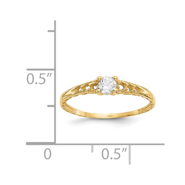 14KT Yellow Gold 3MM Round White Topaz Birthstone Baby Ring. Size 3