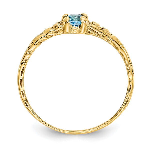 14KT Yellow Gold 3MM Round Blue Zircon Birthstone Baby Ring; Size 3