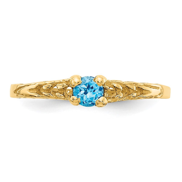14KT Yellow Gold 3MM Round Blue Zircon Birthstone Baby Ring; Size 3
